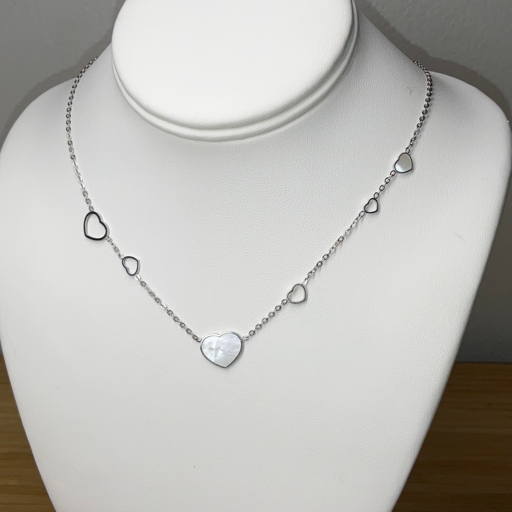 Asymmetrical Hearts Necklace with Mother-of-Pearl Center Pendant
